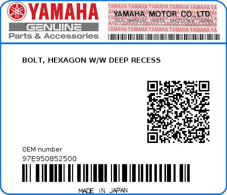 Product image: Yamaha - 97E950852500 - BOLT, HEXAGON W/W DEEP RECESS  0