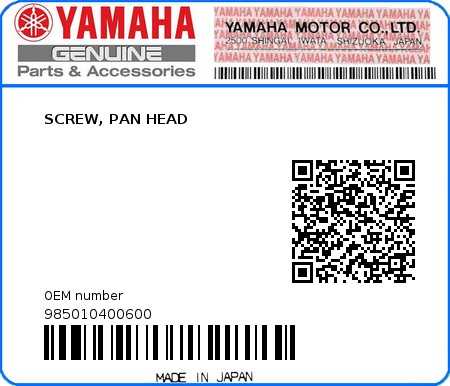 Product image: Yamaha - 985010400600 - SCREW, PAN HEAD 