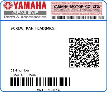 Product image: Yamaha - 985010403500 - SCREW, PAN HEAD(MK5) 