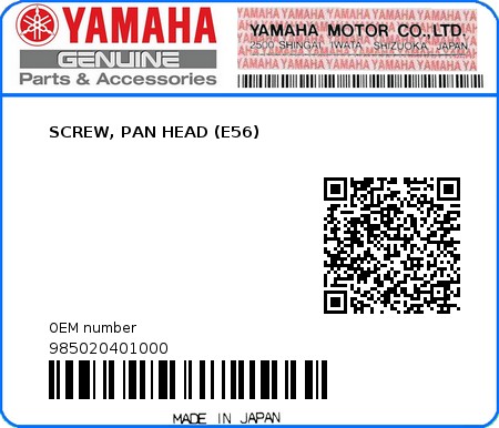Product image: Yamaha - 985020401000 - SCREW, PAN HEAD (E56)  0