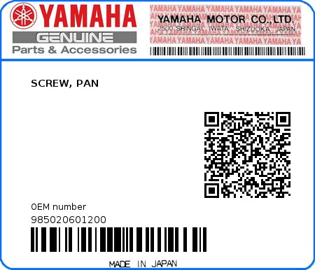 Product image: Yamaha - 985020601200 - SCREW, PAN 