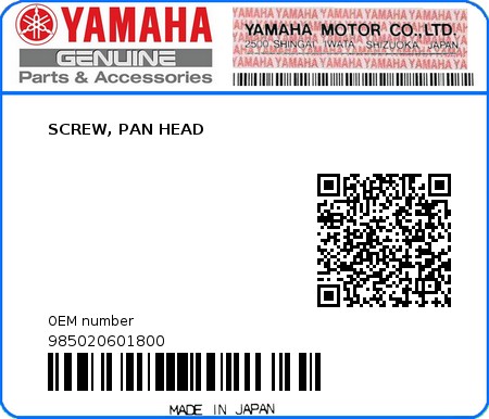 Product image: Yamaha - 985020601800 - SCREW, PAN HEAD  0