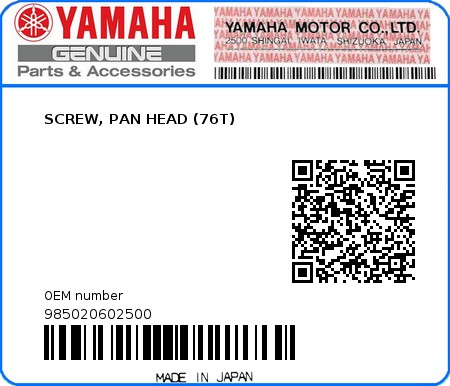 Product image: Yamaha - 985020602500 - SCREW, PAN HEAD (76T) 