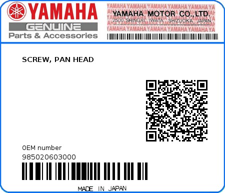 Product image: Yamaha - 985020603000 - SCREW, PAN HEAD 