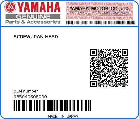 Product image: Yamaha - 985040608000 - SCREW, PAN HEAD  