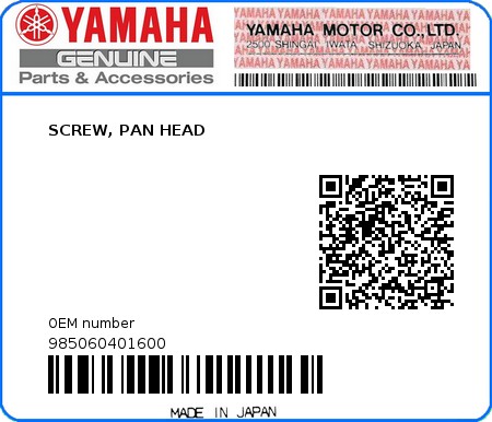 Product image: Yamaha - 985060401600 - SCREW, PAN HEAD 