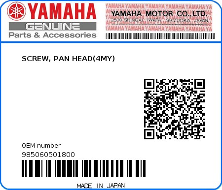 Product image: Yamaha - 985060501800 - SCREW, PAN HEAD(4MY)  0