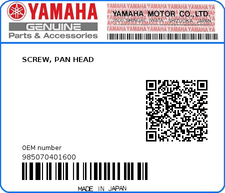 Product image: Yamaha - 985070401600 - SCREW, PAN HEAD 