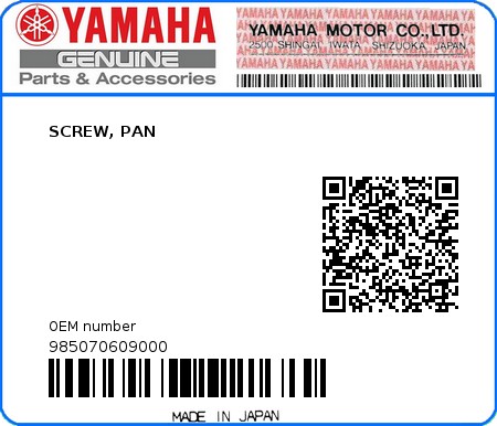 Product image: Yamaha - 985070609000 - SCREW, PAN  0