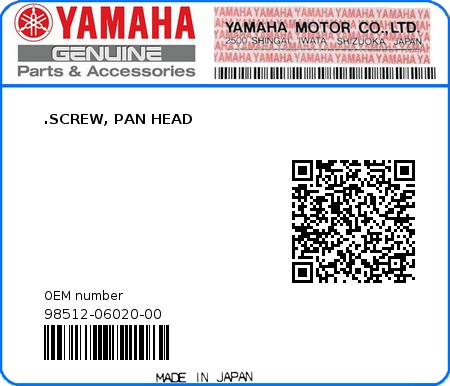 Product image: Yamaha - 98512-06020-00 - .SCREW, PAN HEAD  0