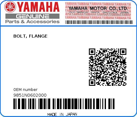 Product image: Yamaha - 9851N0602000 - BOLT, FLANGE  0