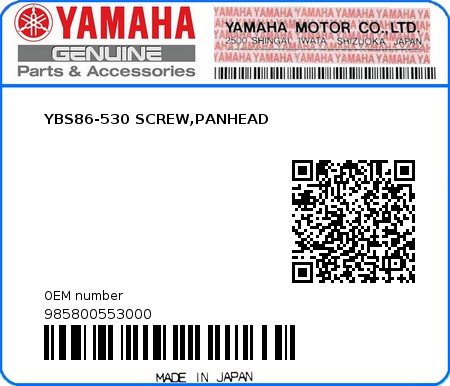 Product image: Yamaha - 985800553000 - YBS86-530 SCREW,PANHEAD  0