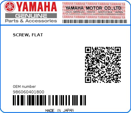 Product image: Yamaha - 986060401800 - SCREW, FLAT  0
