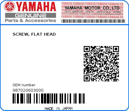 Product image: Yamaha - 987020603000 - SCREW, FLAT HEAD  0