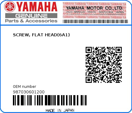 Product image: Yamaha - 987030601200 - SCREW, FLAT HEAD(6A1)  0