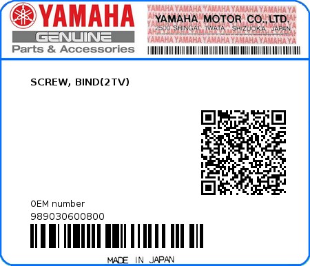 Product image: Yamaha - 989030600800 - SCREW, BIND(2TV)  0