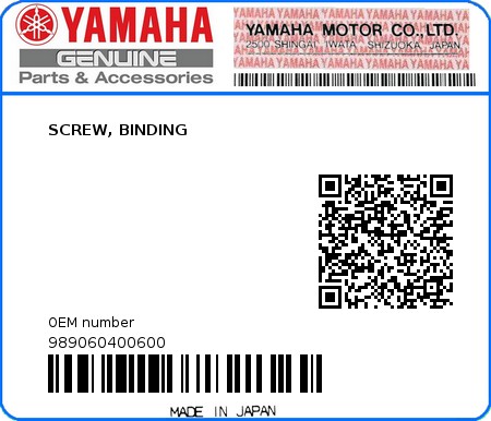 Product image: Yamaha - 989060400600 - SCREW, BINDING 