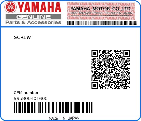 Product image: Yamaha - 995800401600 - SCREW   0