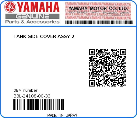 Product image: Yamaha - B3L-24108-00-33 - TANK SIDE COVER ASSY 2 