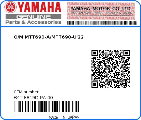 Product image: Yamaha - B4T-F819D-PA-00 - O/M MTT690-A/MTT690-U'22 