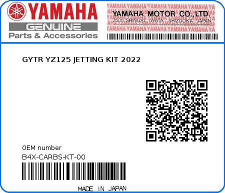 Product image: Yamaha - B4X-CARBS-KT-00 - GYTR YZ125 JETTING KIT 2022  0