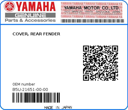 Product image: Yamaha - B5U-21651-00-00 - COVER, REAR FENDER 