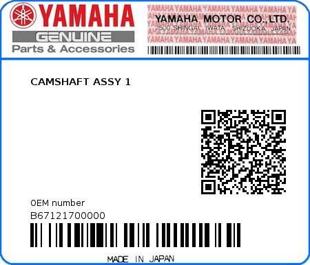 Product image: Yamaha - B67121700000 - CAMSHAFT ASSY 1  0