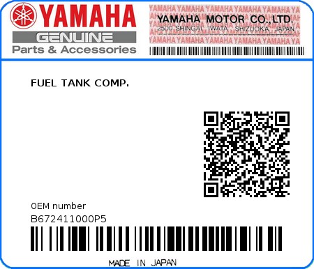 Product image: Yamaha - B672411000P5 - FUEL TANK COMP. 