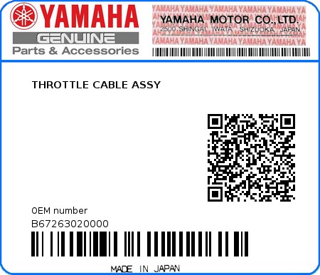 Product image: Yamaha - B67263020000 - THROTTLE CABLE ASSY  0