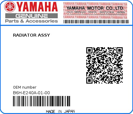 Product image: Yamaha - B6H-E240A-01-00 - RADIATOR ASSY 