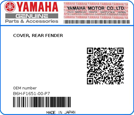 Product image: Yamaha - B6H-F1651-00-P7 - COVER, REAR FENDER 