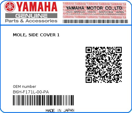 Product image: Yamaha - B6H-F171L-00-PA - MOLE, SIDE COVER 1 