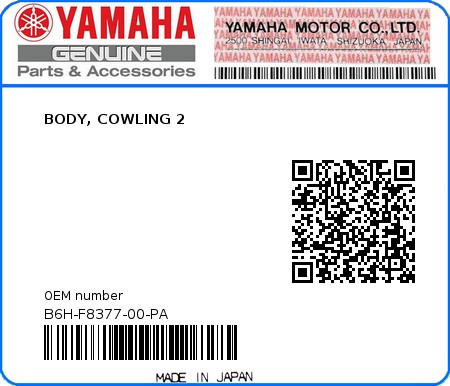 Product image: Yamaha - B6H-F8377-00-PA - BODY, COWLING 2 