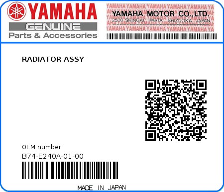 Product image: Yamaha - B74-E240A-01-00 - RADIATOR ASSY  0