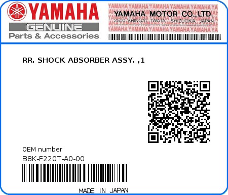 Product image: Yamaha - B8K-F220T-A0-00 - RR. SHOCK ABSORBER ASSY. ,1 