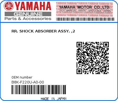 Product image: Yamaha - B8K-F220U-A0-00 - RR. SHOCK ABSORBER ASSY. ,2 