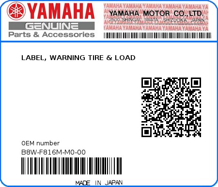 Product image: Yamaha - B8W-F816M-M0-00 - LABEL, WARNING TIRE & LOAD 