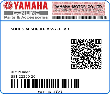 Product image: Yamaha - B91-22200-20 - SHOCK ABSORBER ASSY, REAR 