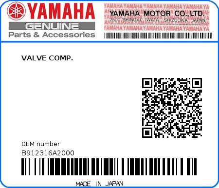 Product image: Yamaha - B912316A2000 - VALVE COMP. 