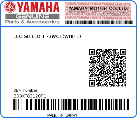 Product image: Yamaha - B93XF83120P1 - LEG SHIELD 1 -BWC1(WHITE)  0