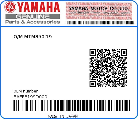 Product image: Yamaha - BAEF8199D000 - O/M MTM850'19 