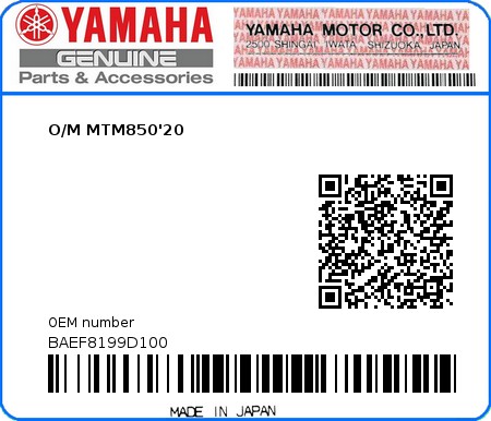 Product image: Yamaha - BAEF8199D100 - O/M MTM850'20 