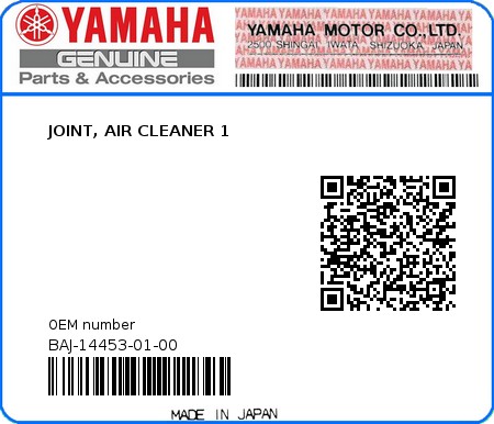 Product image: Yamaha - BAJ-14453-01-00 - JOINT, AIR CLEANER 1  0