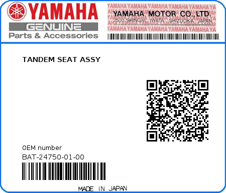 Product image: Yamaha - BAT-24750-01-00 - TANDEM SEAT ASSY 