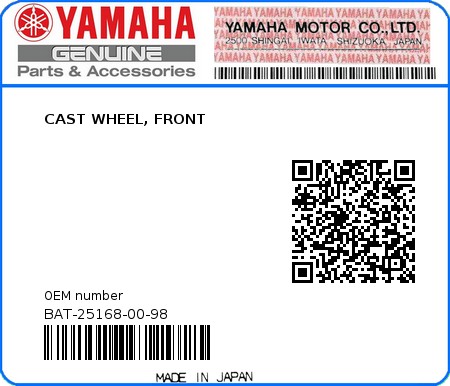 Product image: Yamaha - BAT-25168-00-98 - CAST WHEEL, FRONT 