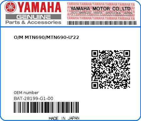 Product image: Yamaha - BAT-28199-G1-00 - O/M MTN690/MTN690-U'22 