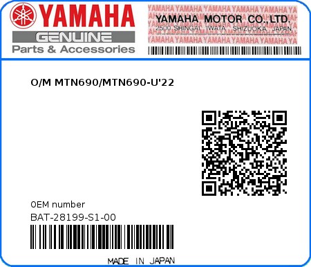 Product image: Yamaha - BAT-28199-S1-00 - O/M MTN690/MTN690-U'22 