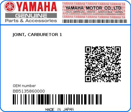 Product image: Yamaha - BB5135860000 - JOINT, CARBURETOR 1  0