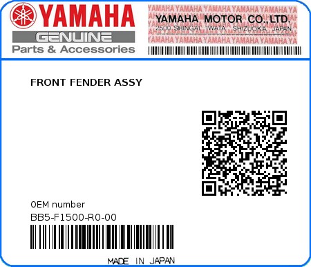 Product image: Yamaha - BB5-F1500-R0-00 - FRONT FENDER ASSY 