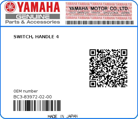 Product image: Yamaha - BC3-83972-02-00 - SWITCH, HANDLE 4  0